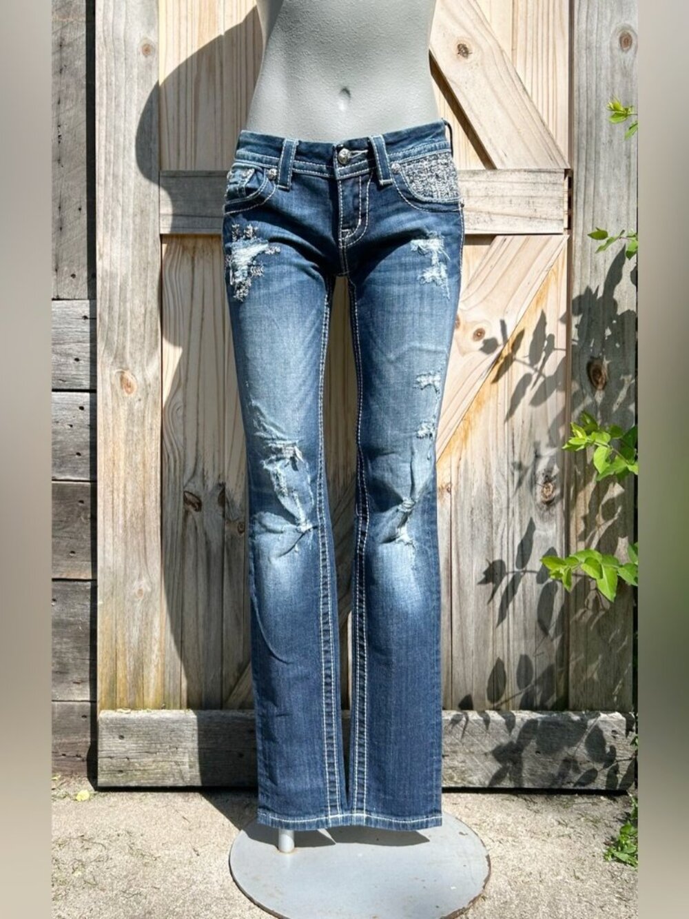 Miss Me Low Rise Distressed Stretch Denim Embellished Skinny Jeans~25~